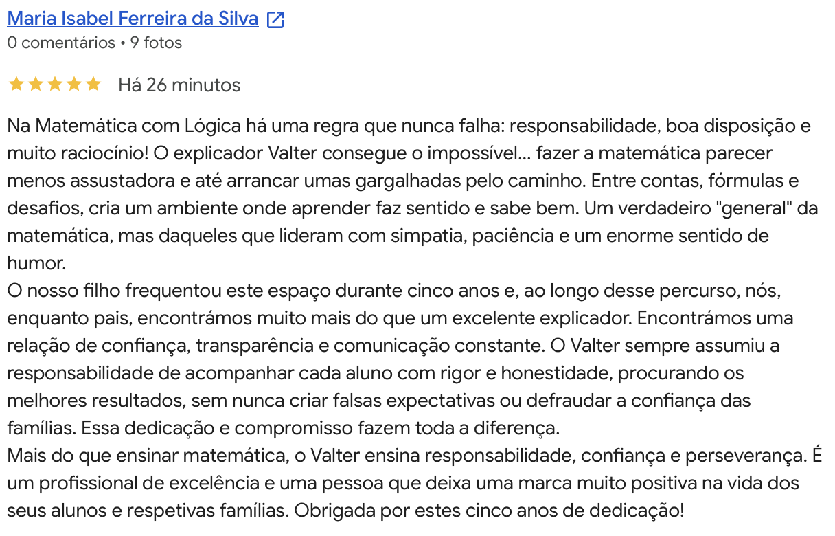 Avaliacao Google 5 estrelas de Maria Isabel Ferreira da Silva: cinco anos de confianca e responsabilidade na Matematica com Logica.